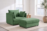 Faenza chair and ottoman in green chenille in a white-panelled Halifax living room with windows onto the harbour