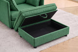 The Faenza ottoman in green chenille with its lid lifted: a black-lined storage compartment and a green fabric pull loop