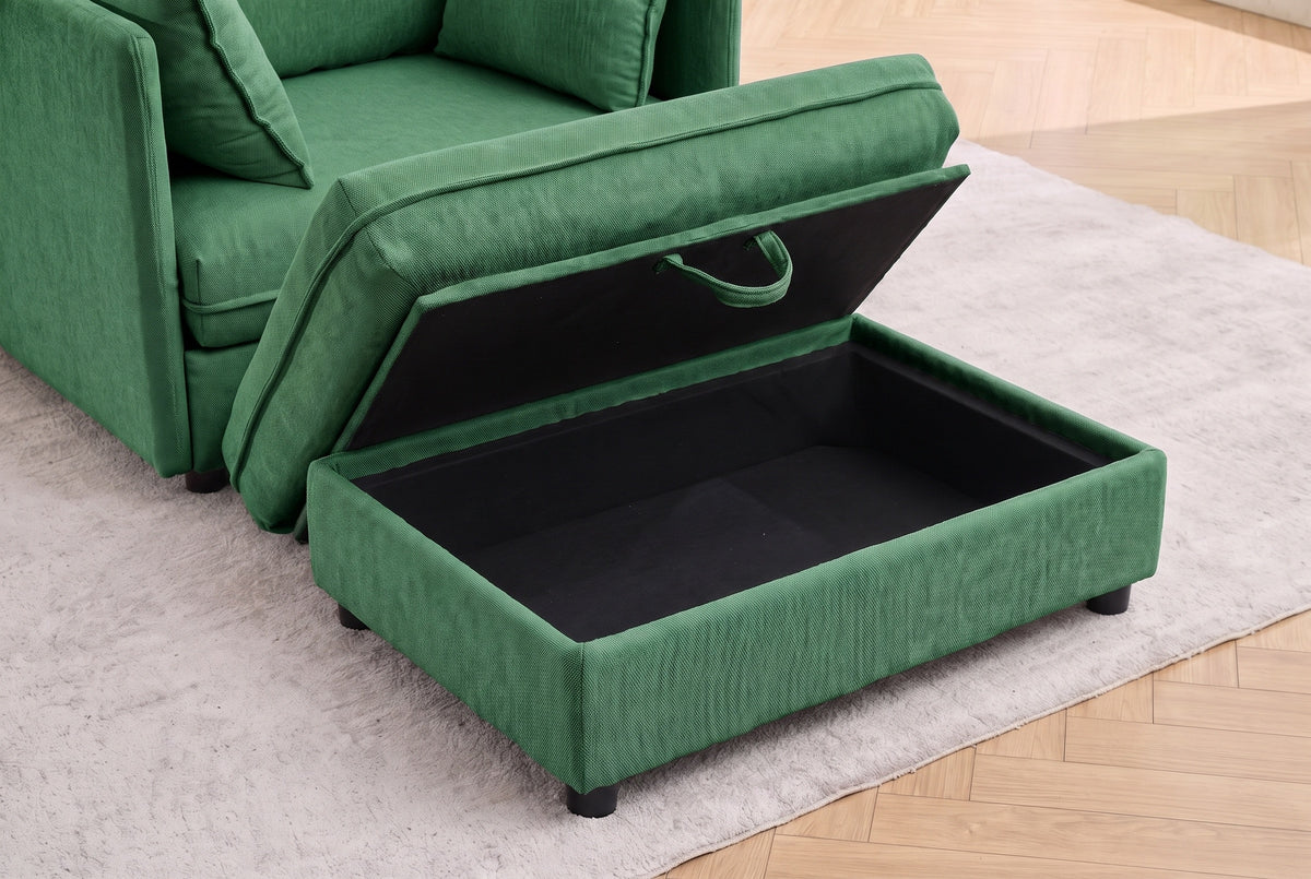 The Faenza ottoman in green chenille with its lid lifted: a black-lined storage compartment and a green fabric pull loop