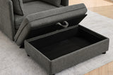 The Faenza ottoman in grey chenille with its lid lifted: a black-lined storage compartment and a grey fabric pull loop