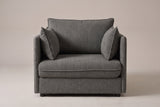 Faenza chair in grey chenille, straight front view: slim flat arms, one back cushion and two throw pillows