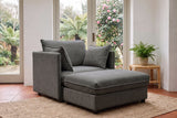 Faenza ottoman pushed against the grey chenille chair to make a lounger