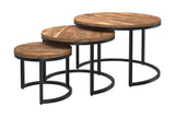 Farrow 3-piece nesting coffee table set in natural mango wood and black metal, three-quarter view