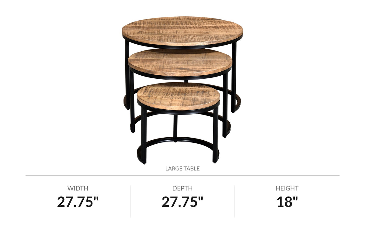 Farrow natural mango wood coffee tables fully nested, front view with dimensions