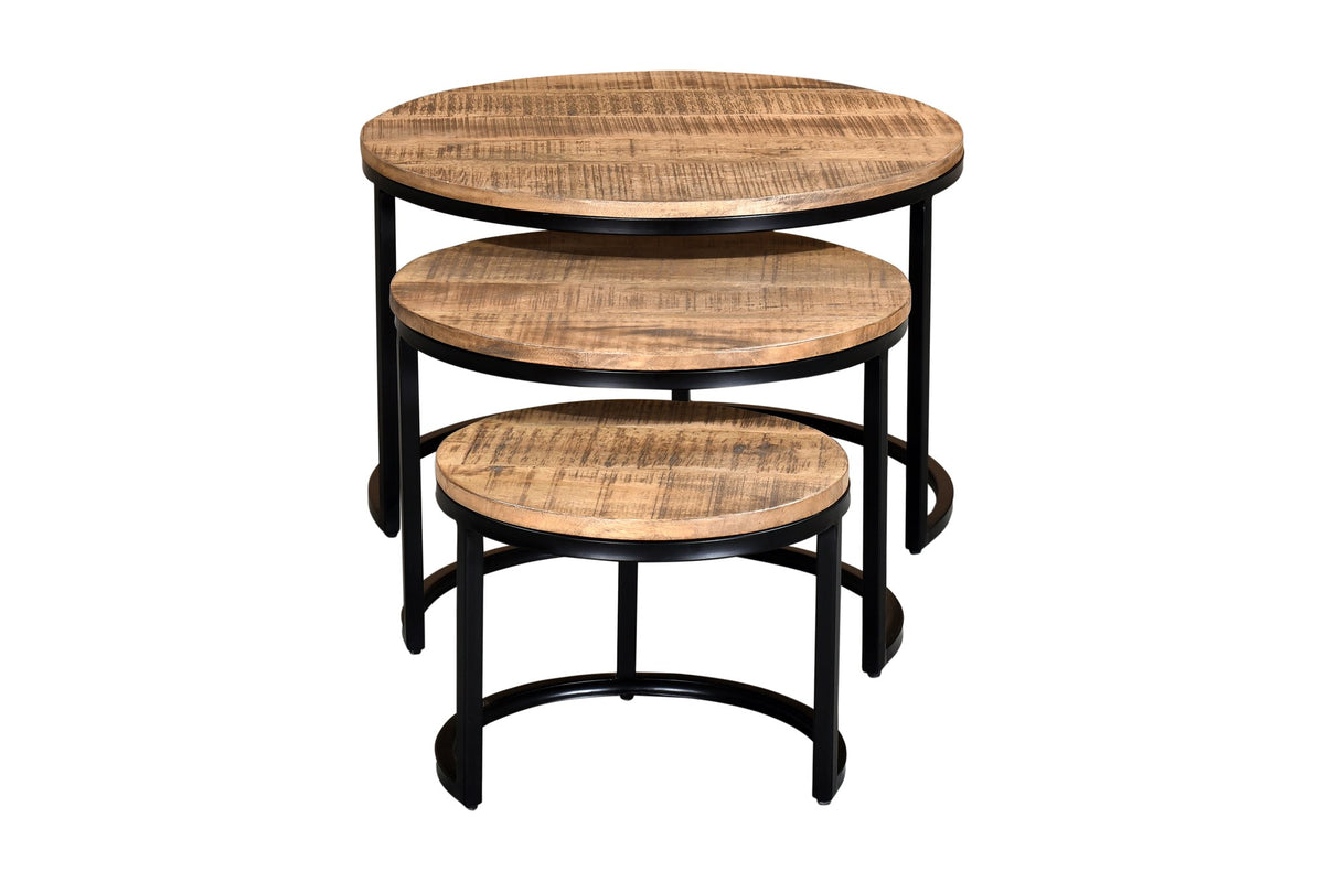 Farrow natural mango wood coffee tables nested into one footprint, front view