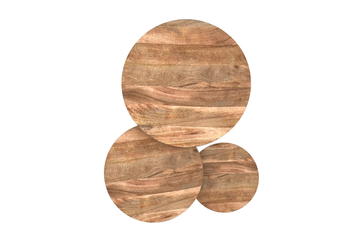 Top view of the three Farrow round mango wood tabletops