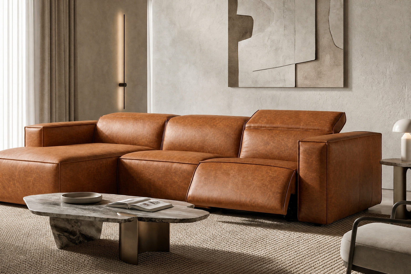 Emery Distressed Italian Aniline Leather Recliner Sectional Sofa