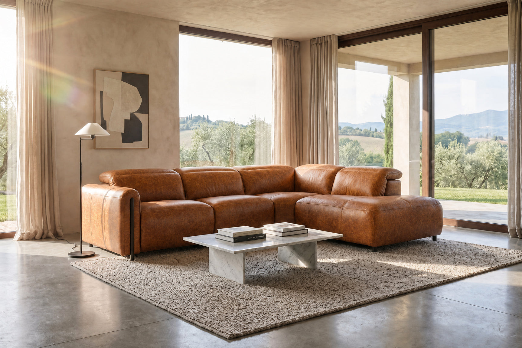 Octavia Distressed Italian Aniline Leather Reclining Corner Sectional Sofa