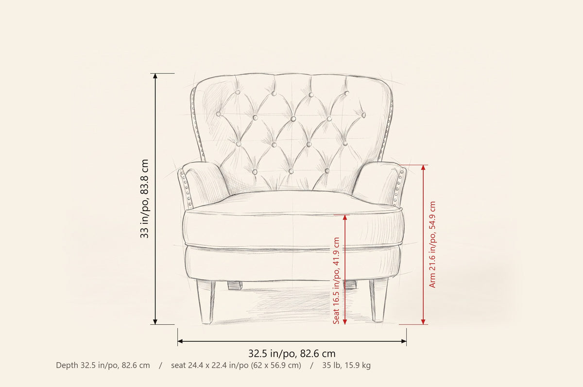 Feltre dimensions: 32.5 in wide, 32.5 in deep, 33 in high, seat 16.5 in high, arms 21.6 in high