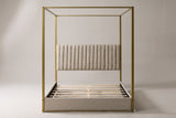 Fermo canopy bed in beige and gold, straight front view on a studio backdrop