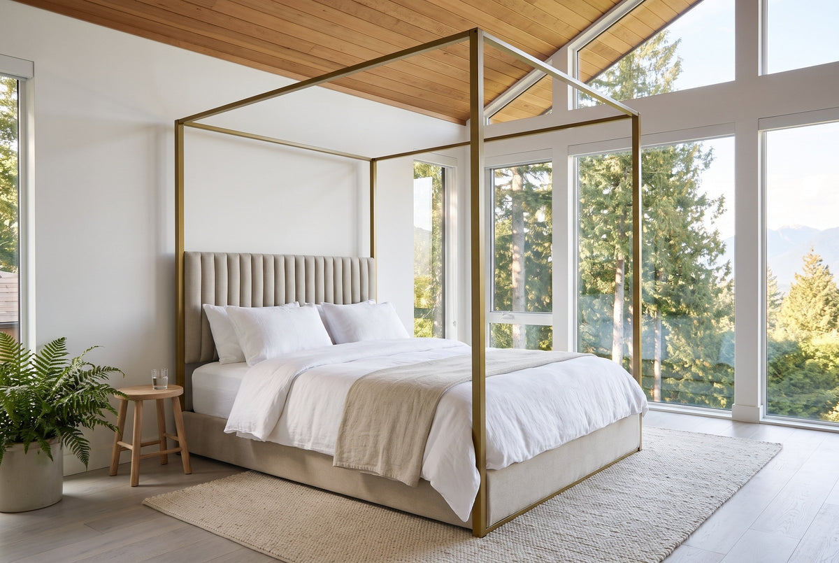Fermo canopy bed in a bedroom with a cedar ceiling and tall windows onto evergreens