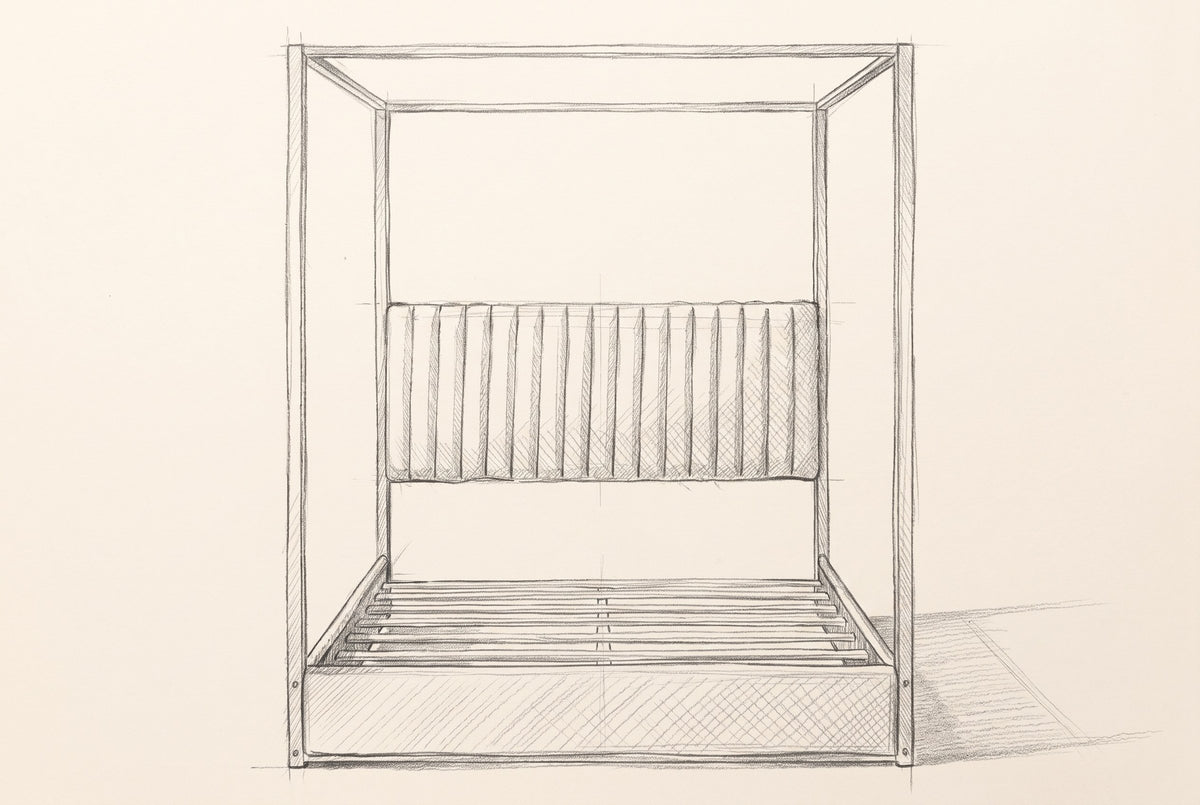 Pencil drawing of the Fermo canopy bed traced from the front view