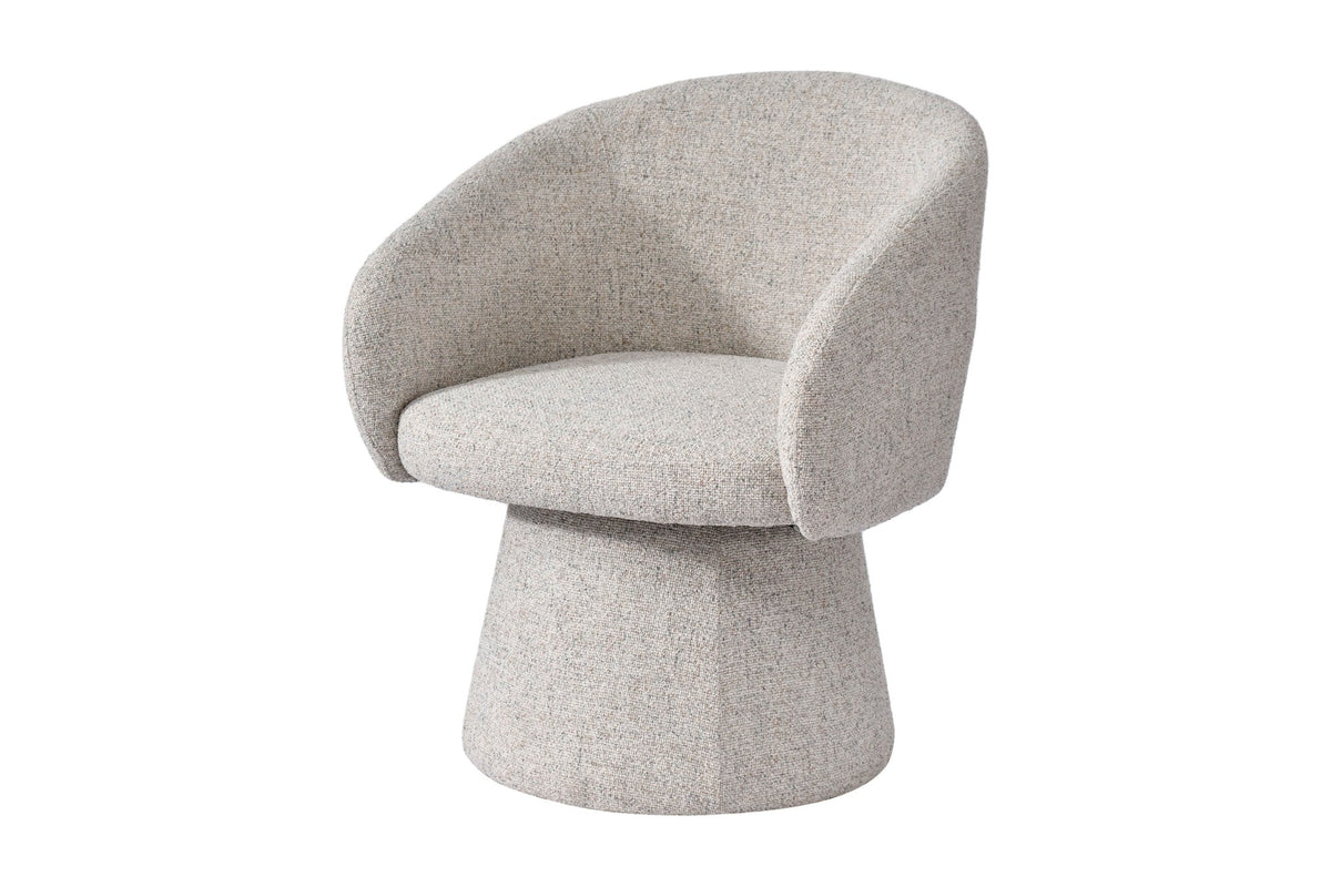Finley barrel accent chair in sand textured fabric, three-quarter view