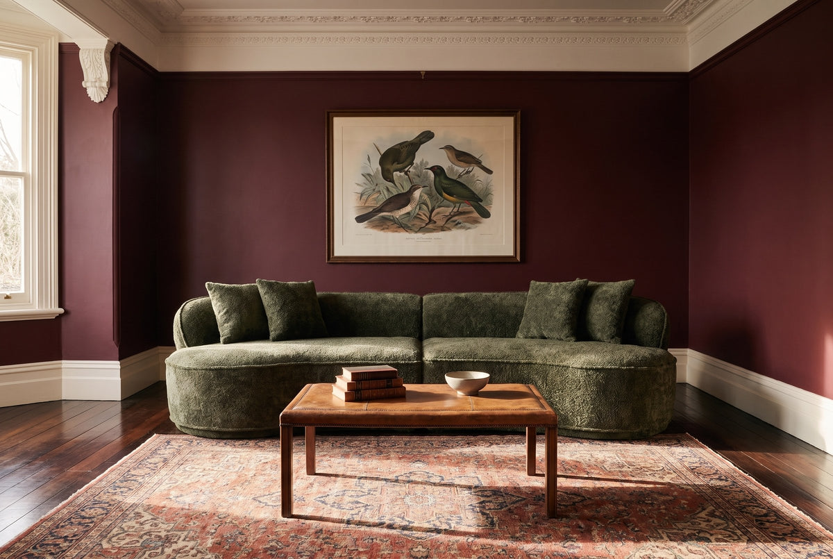 The Fiora sofa in Green in a Victorian parlour in Tasmania with burgundy walls