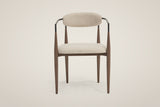 Fiuggi dining chair, straight front view: oval back pad, two black arm tubes, four tapered bronze legs