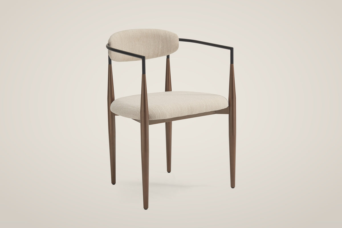 Fiuggi dining chair in beige slub-weave fabric with bronze steel legs and black arm tubes