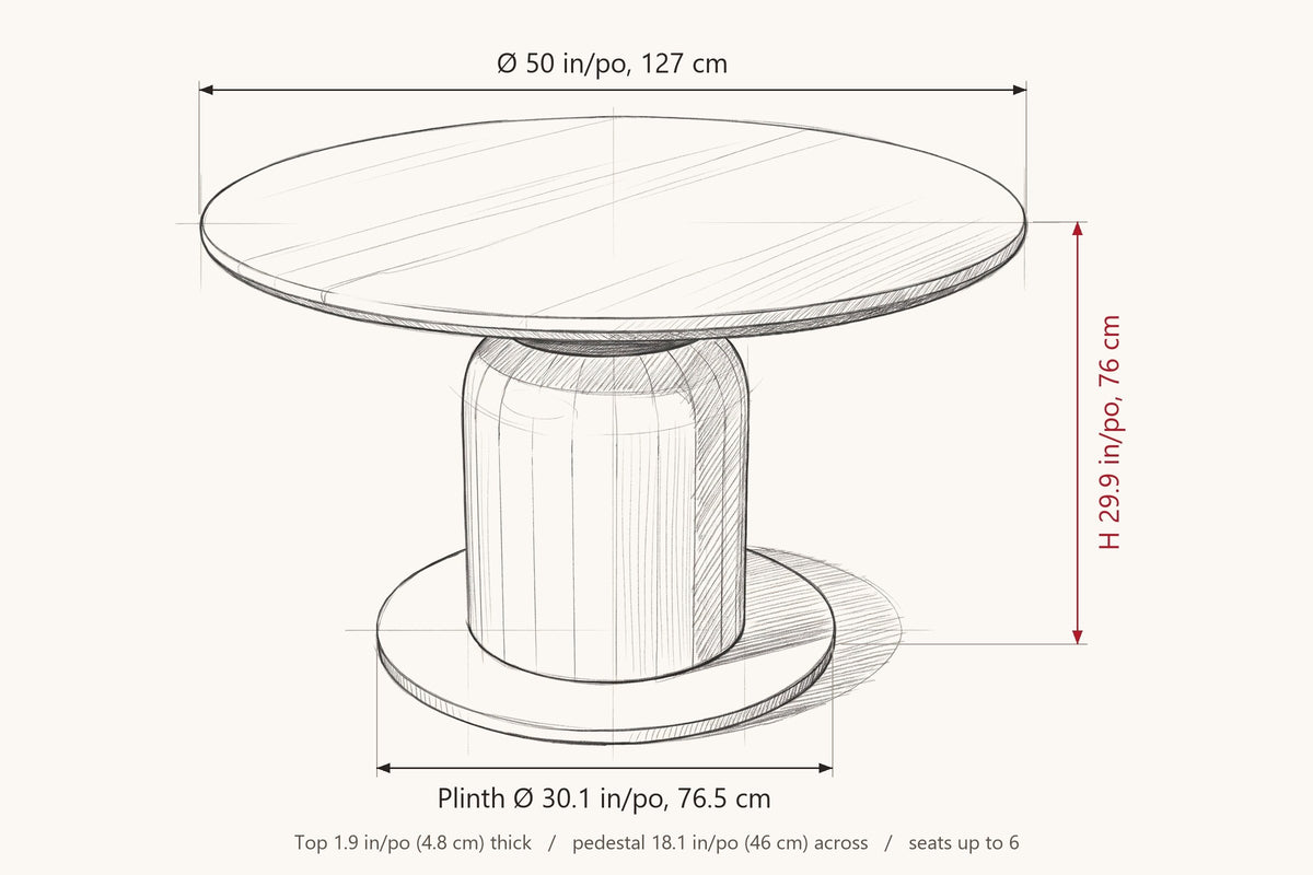 Fiumalbo dimensions on a pencil sketch of the table: 50 in across, 29.9 in high, plinth 30.1 in across