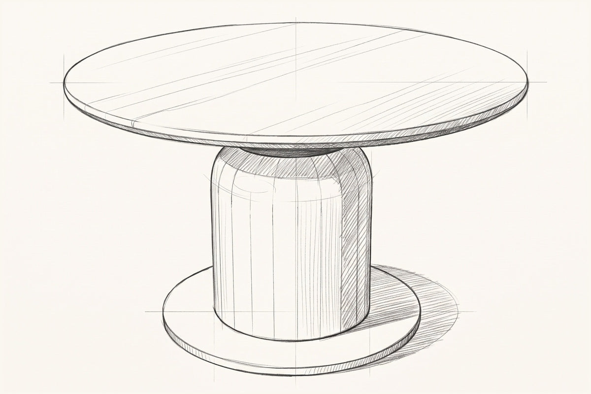 Pencil sketch of the Fiumalbo dining table, three-quarter view from above