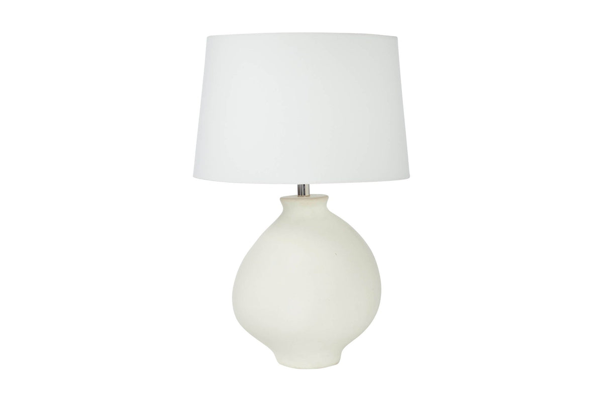 Florence white ceramic table lamp with off-white linen shade, front view