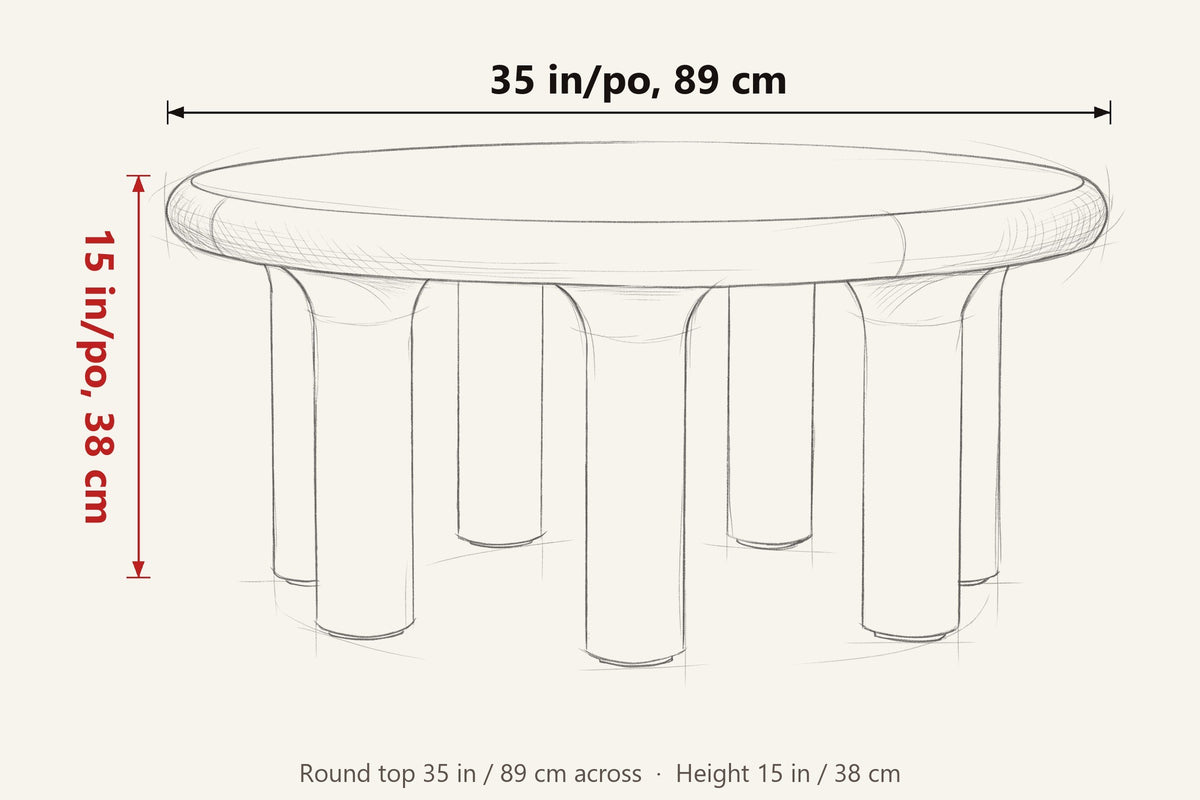 Fontanellato dimensions on a pencil sketch of the coffee table: 35 in round, 15 in high