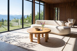 Fontanellato coffee table in Natural Oak in a Big White mountain house, seen at three-quarter, with walnut-panelled walls