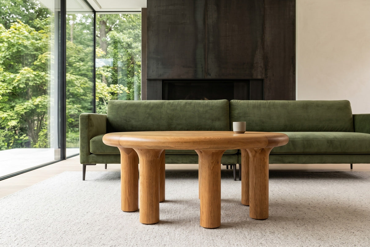 Low front view of the Fontanellato coffee table in Natural Oak in a Cambridge house, with a weathered steel fireplace wall