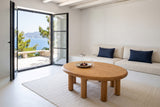 Fontanellato coffee table in Natural Oak seen from above in a Skopelos island house, with whitewashed walls