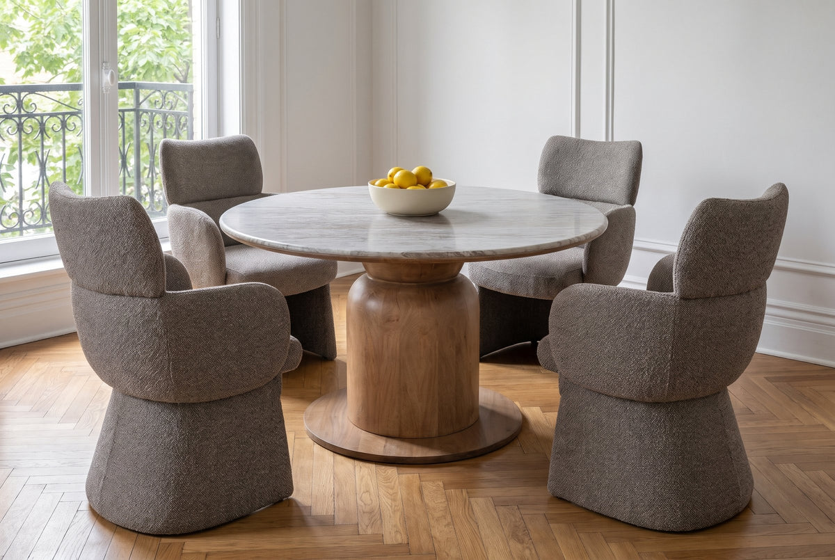 Frascati dining set with four brown boucle chairs in a Montreal Plateau apartment, a balcony railing beyond the window