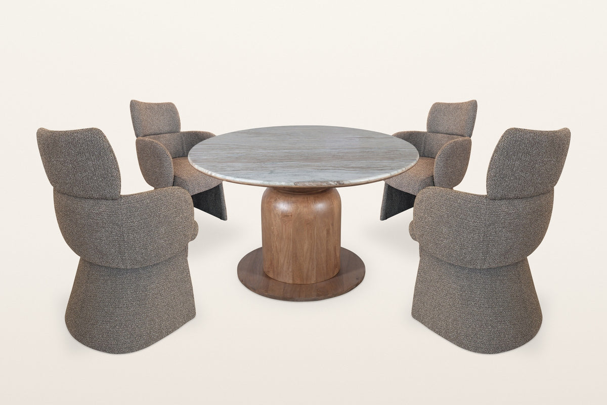 Frascati 5-piece dining set with four brown boucle chairs