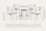 Frascati dimensions on a pencil sketch of the set: top 50 in across, table 29.9 in high, plinth 30.1