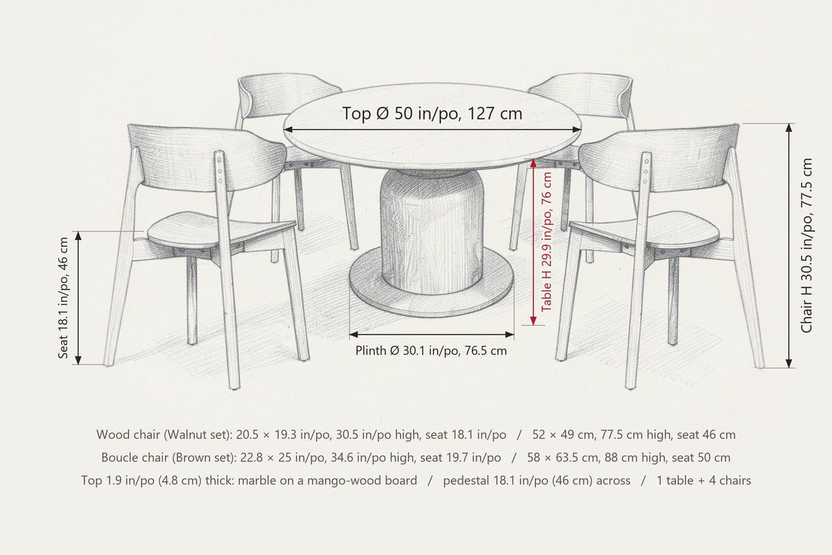 Frascati dimensions on a pencil sketch of the set: top 50 in across, table 29.9 in high, plinth 30.1