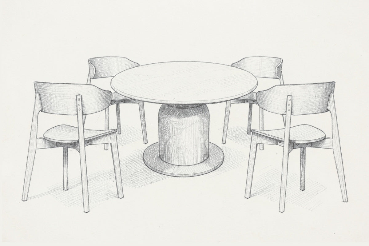 Pencil sketch of the Frascati dining set, three-quarter view from above