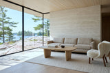 Frontino coffee table in Biscotti Oak before an oatmeal sofa in a Gananoque river house