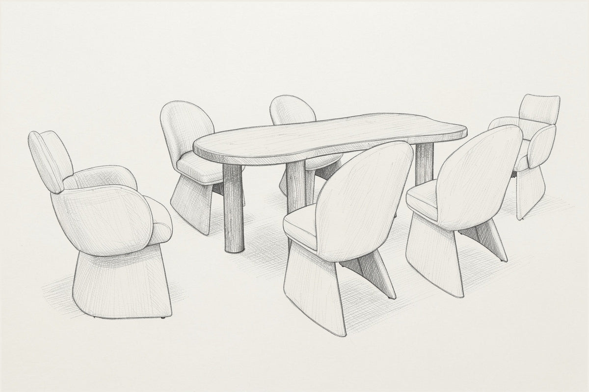 Pencil sketch of the Gaiole dining set, three-quarter view