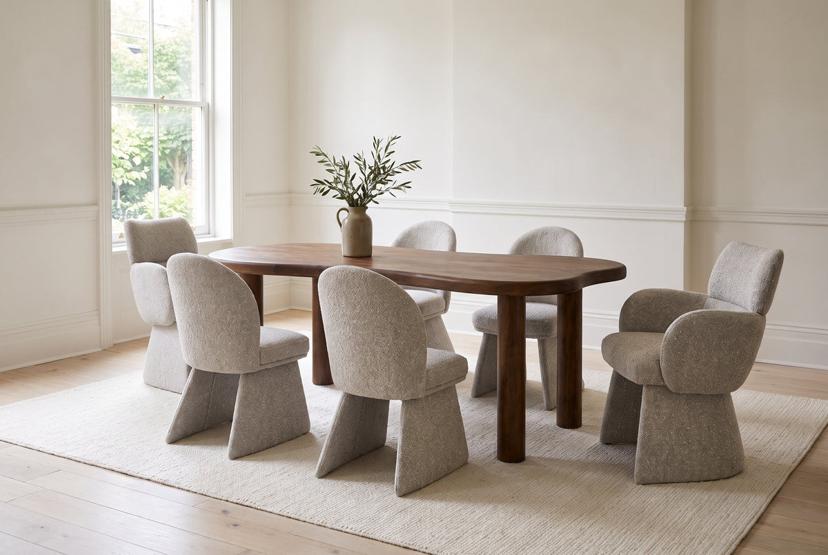 Gaiole 7-piece dining set in a bright Toronto dining room: the freeform dark walnut mango table