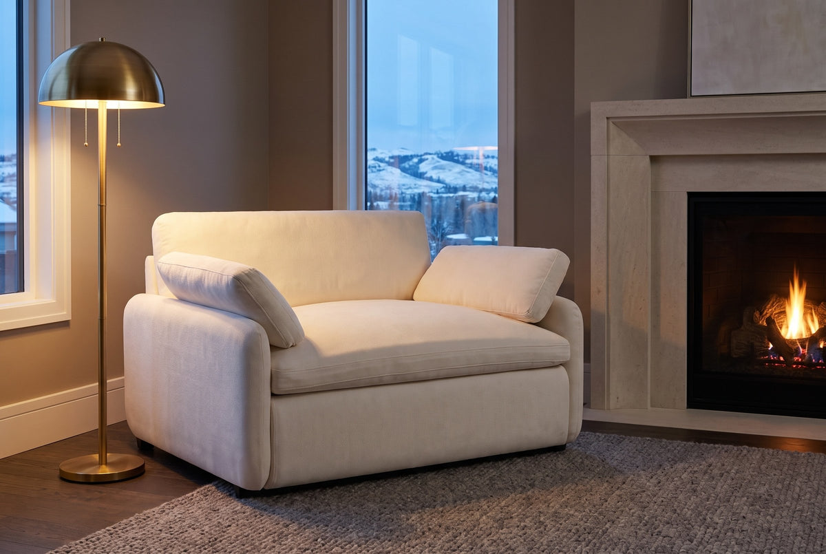 Gallipoli chair in a Calgary family room at dusk, beside a limestone fireplace and a lit brass floor lamp