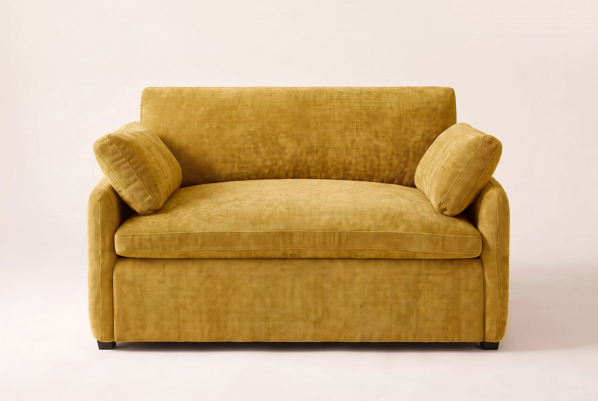Gallipoli chair in mustard yellow, straight front view: one wide seat cushion, one back cushion