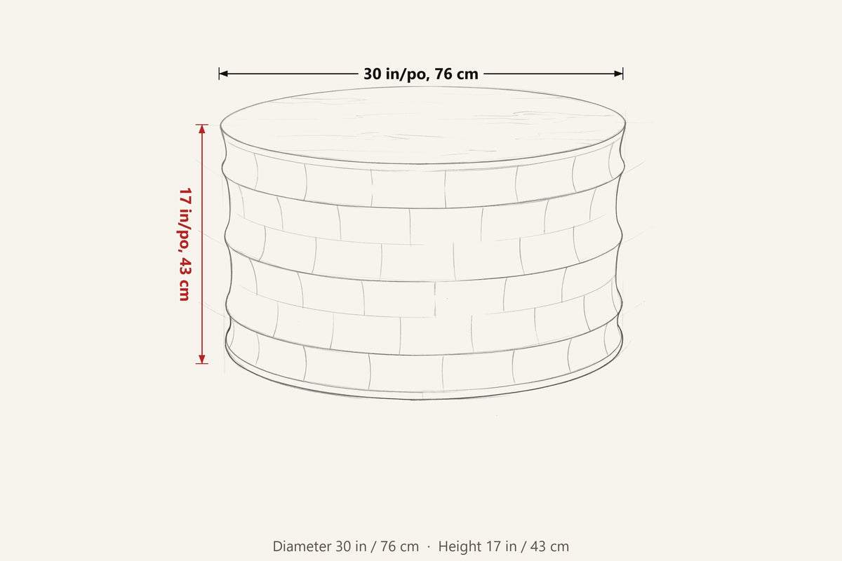 Gangi dimensions on a pencil sketch of the coffee table: 30 in across, 17 in high