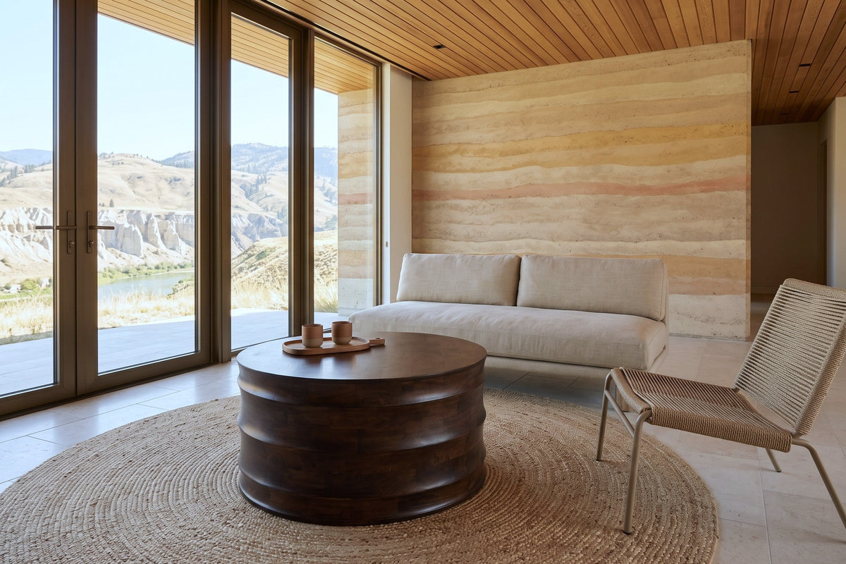 Gangi coffee table in Walnut seen from a raised three-quarter view before a sand linen loveseat in a Kamloops grassland house