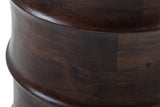 Close-up of the Gangi side in Walnut: small solid mango blocks laid like brickwork, fine joints, a knot and two rounded rims