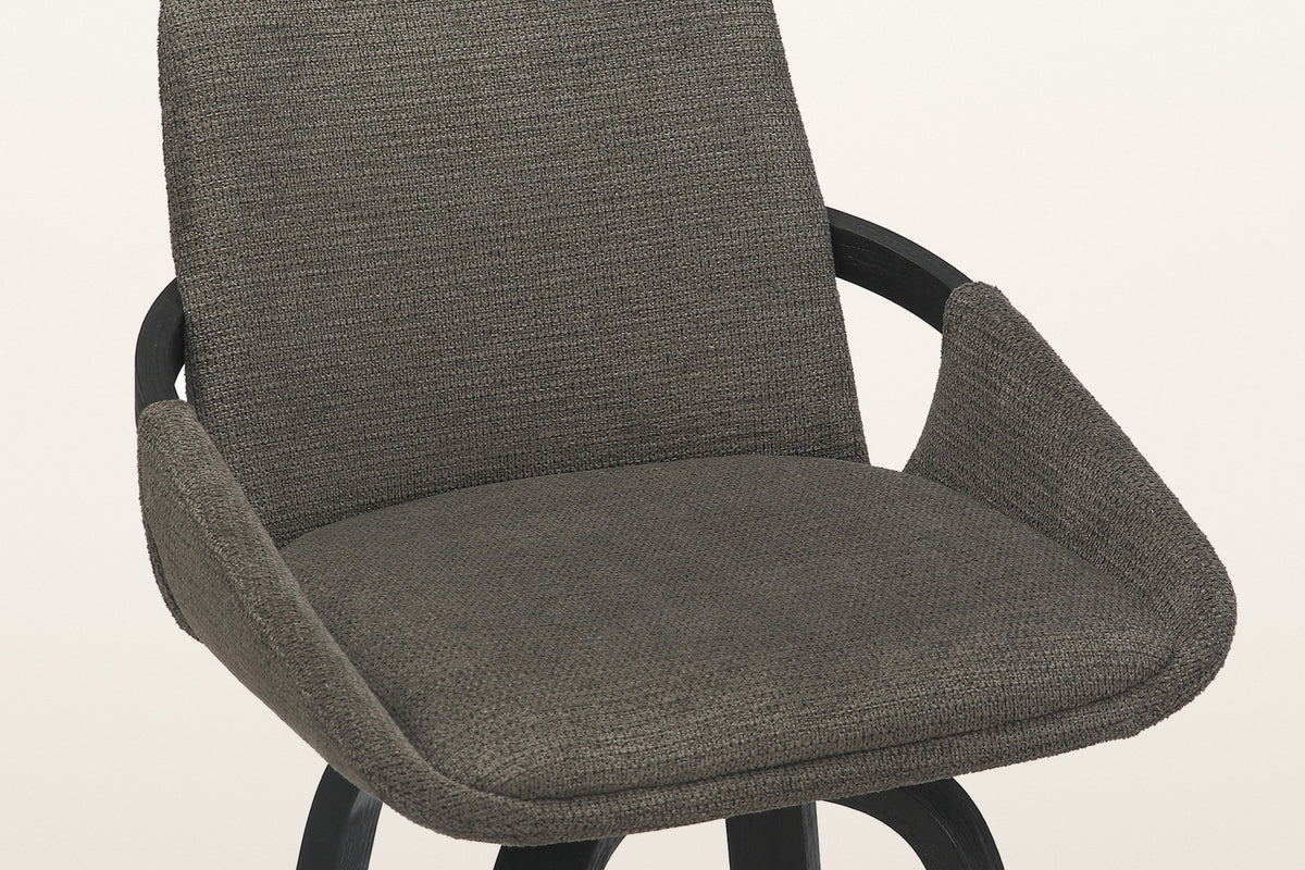 Close-up of the Gardone seat in charcoal woven fabric with the black bentwood band
