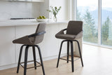 Two Gardone counter stools in charcoal at a white island in a bright Vancouver condo kitchen