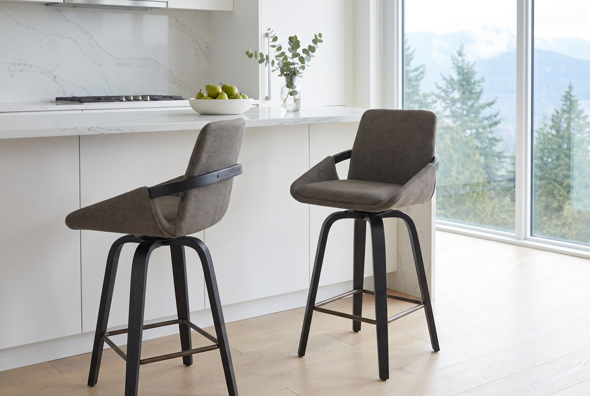 Two Gardone counter stools in charcoal at a white island in a bright Vancouver condo kitchen