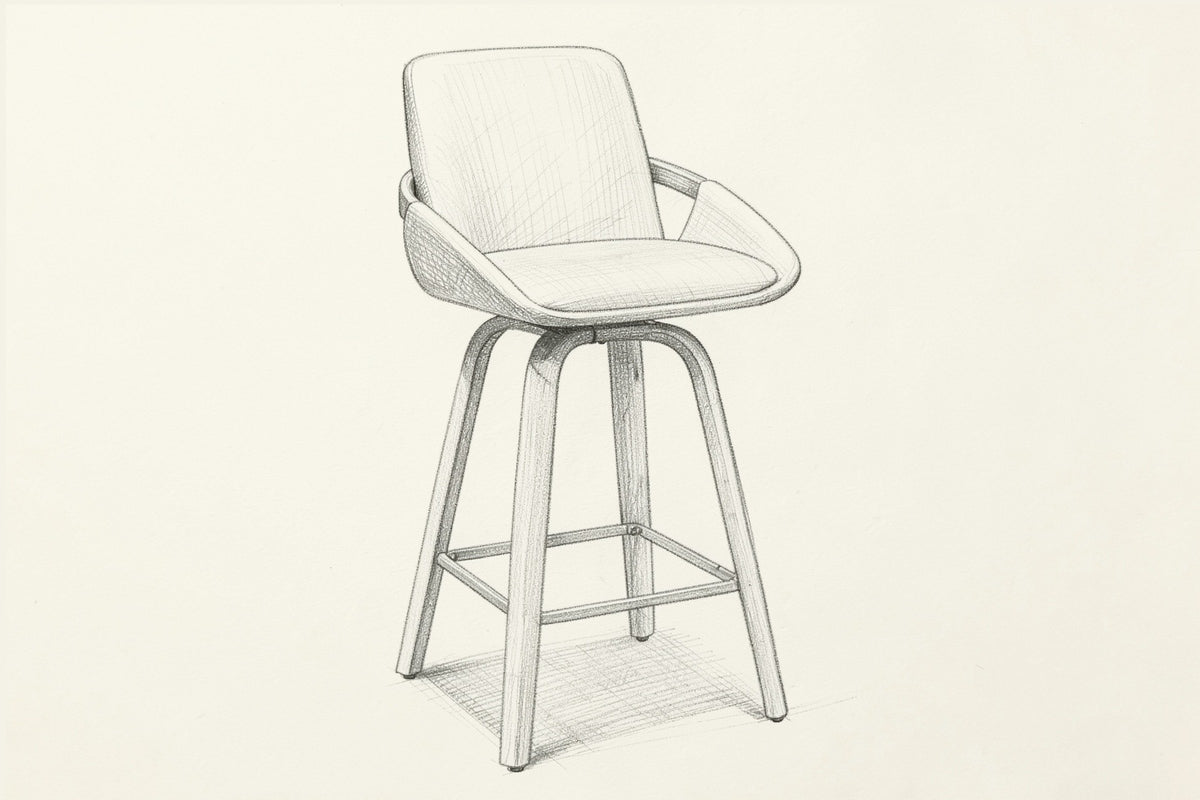 Pencil sketch of the Gardone counter stool, three-quarter view from above