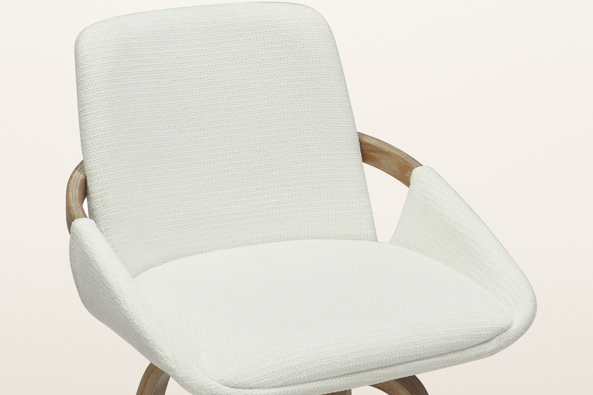 Close-up of the Gardone back, bentwood band and winged seat in ivory woven fabric