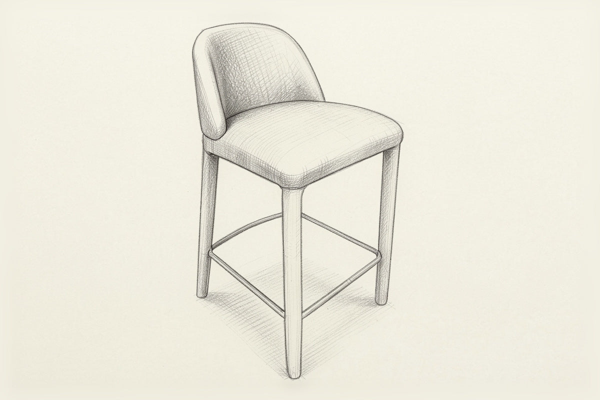 Pencil sketch of the Gavi counter stool, three-quarter view from above