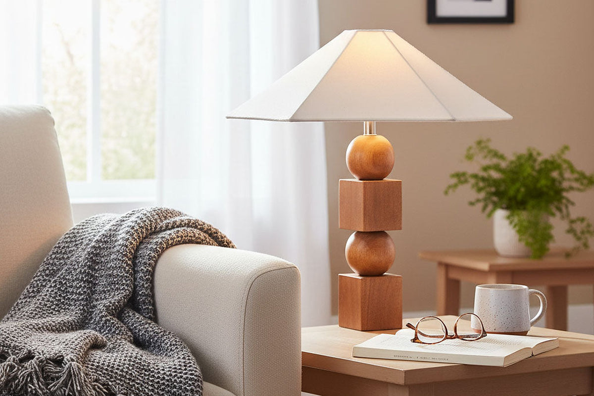 Geneva wood table lamp on an end table beside a cream sofa and knit throw