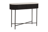 Gideon console table in black with white marble top and black legs, three-quarter view