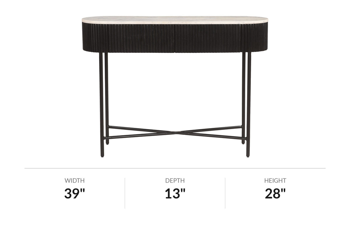 Gideon black console table front view with dimensions