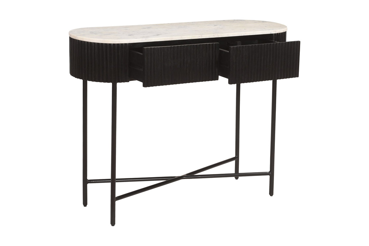 Gideon black console table with both drawers open